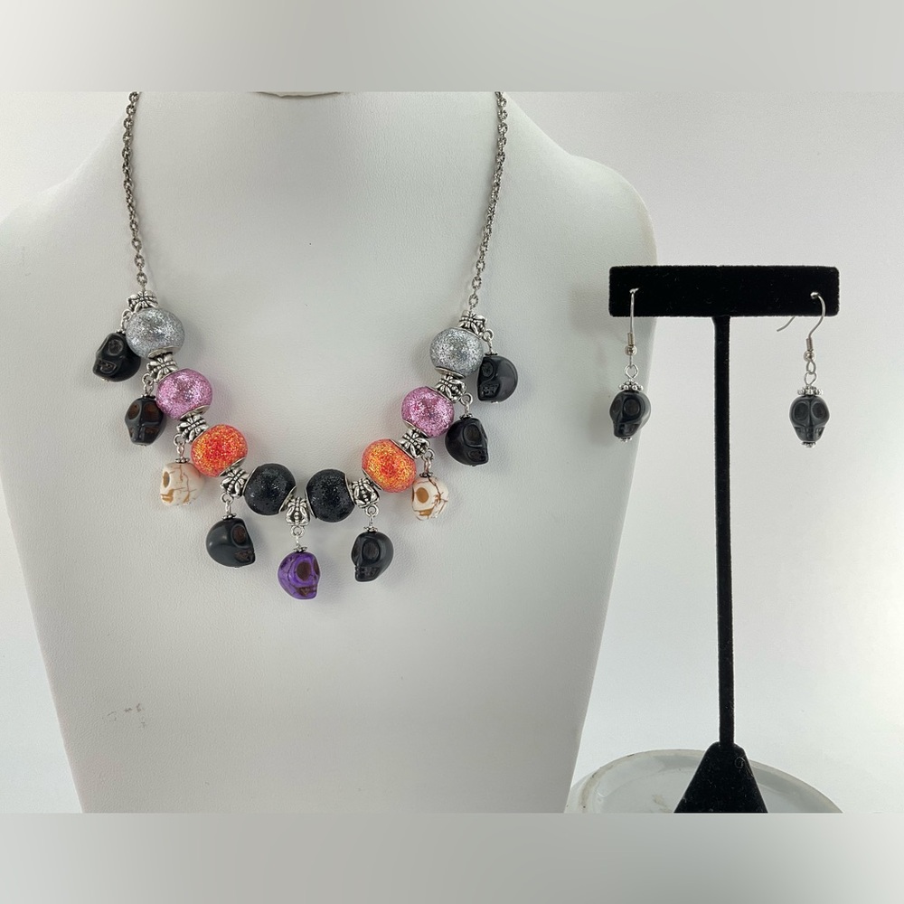 Halloween Necklace & Earrings Set, Handmade, Skulls & Glitter, Goth, Spooky
